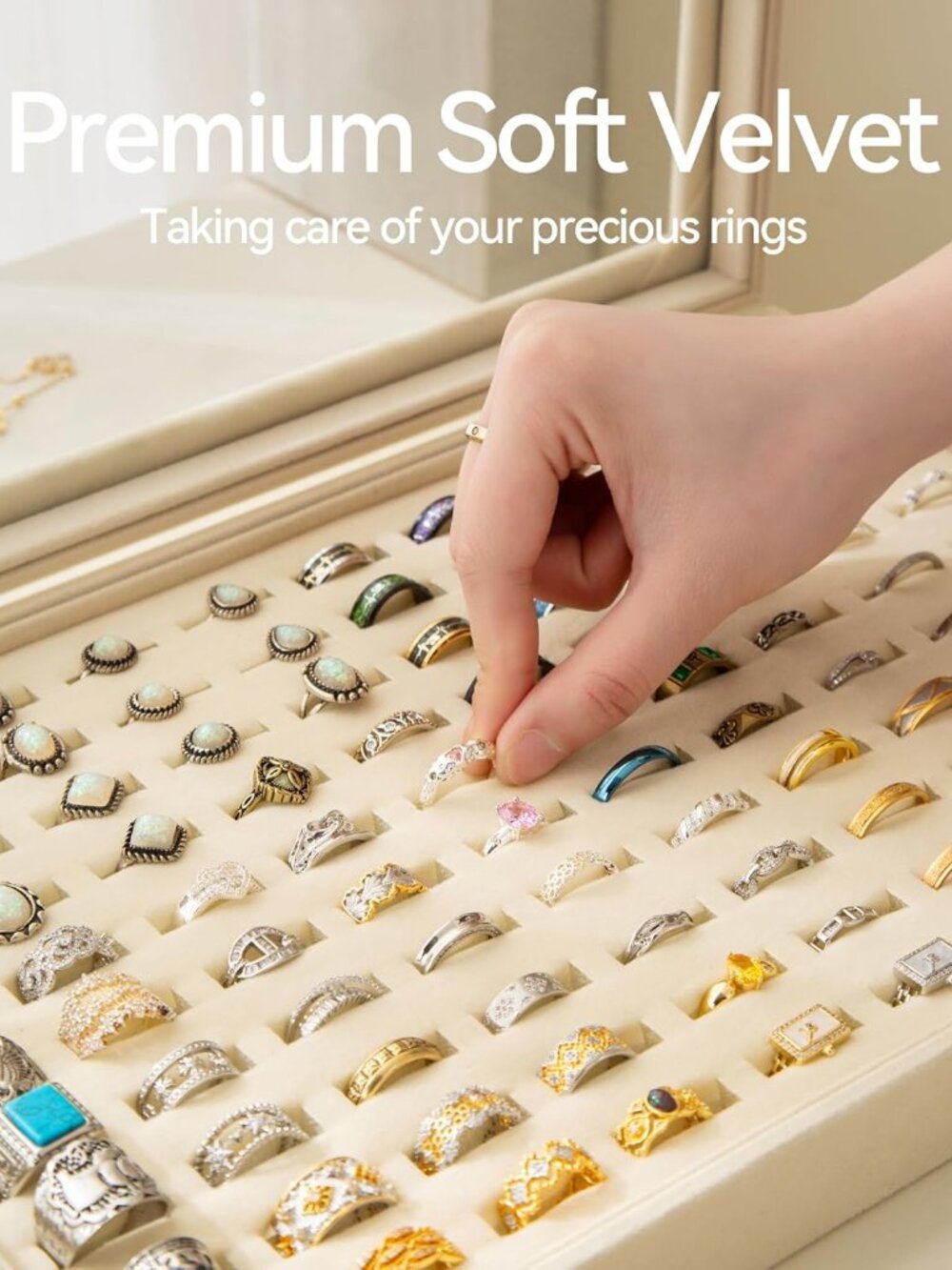 Elegant Velvet 100-Slot Ring & Earring Organizer Tray with Clear Lid - Beige - Picture 5 of 7